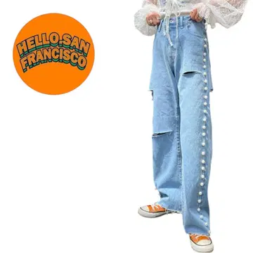 HELLO.SANFRANCISCO 사이드 펄 라인 데미지 데님 XS