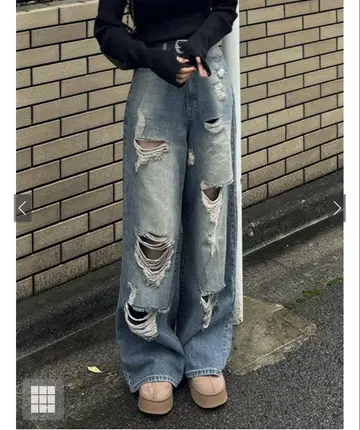 데미지 가공 와이드 레그 데님 팬츠 grl cu525
