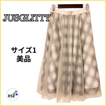 JUSGLITTY 체크 무늬 튤 플레어 스커트 무릎 기장 페미닌 M
