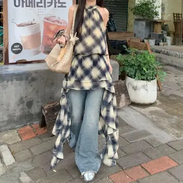그런지 홀터넥 체크 테일 컷 원피스 프릴
