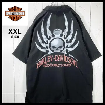 할리 데이비슨 스컬 반팔 치카노 오픈 카라 셔츠 구제 의류 XXL 블랙