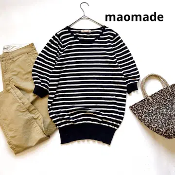 마오 메이드 maomade 퍼프 슬리브 보더 니트 얇은 소재 상의