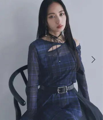 HARE 체크 가라 시어 타이트 T 블루