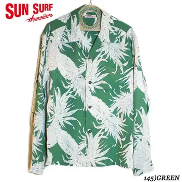 SUN SURF 파인애플 패턴 알로하 셔츠 그린 긴팔 선서프
