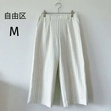 새상품급 자유구 와이드 팬츠 핀스트라이프 화이트 M 허리밴딩 턱4659