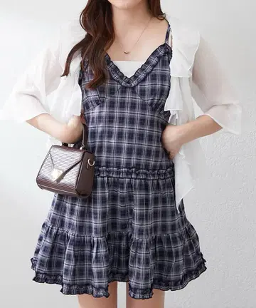 네이비 계열 체크 프릴 슬리브리스 원피스