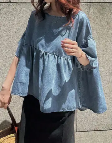 데님 플레어 슬리브 티어드 탑