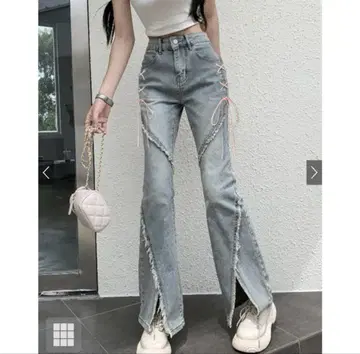 GRL 리본 프린지 플레어 슬릿 데님