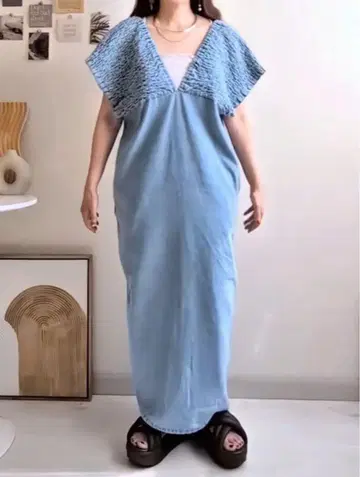 시마무라 데님 셔링 원피스 중 스카이블루 M 택 포함 새상품