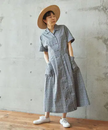 PAR ICI 리버티 프린트 페퍼 오픈 카라 셔츠 원피스
