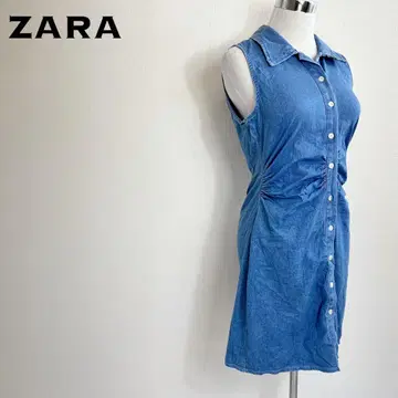 ZARA 자라 데님 셔츠 원피스 슬리브리스 허리 개더링