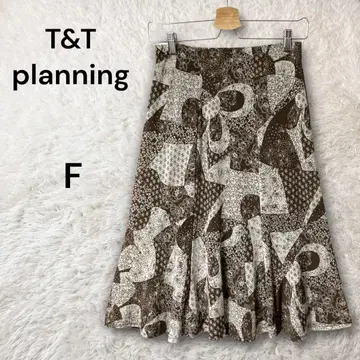 T&T planning 올 패턴 꽃무늬 플레어 스커트 브라운 스트레치 F