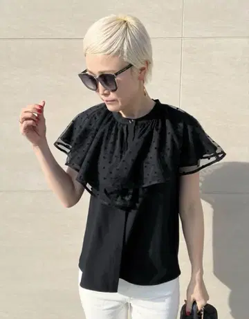 JENNE 도트 튤 케이프 칼라 블라우스