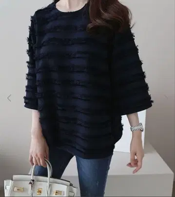 프린지 디테일 보더 모티브 상의 네이비 프리 사이즈 한국