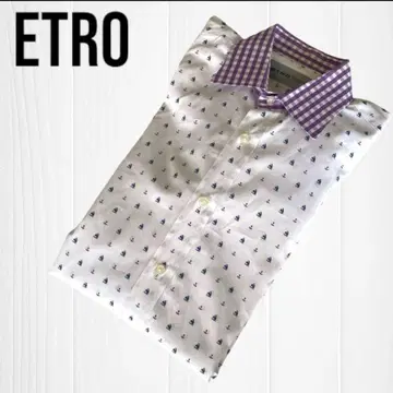 ETRO 38 깅엄 체크 올 패턴 보더 긴팔 셔츠 보라색