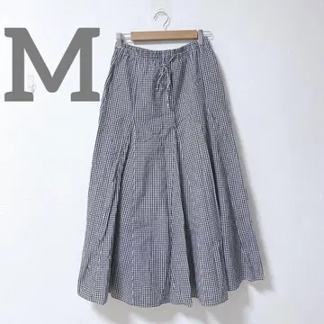 MUJI 플레어 롱 스커트 깅엄 체크 무늬 코튼 화이트 블랙 M
