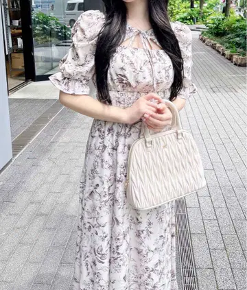 플라워 프린트 퍼프 슬리브 롱 원피스