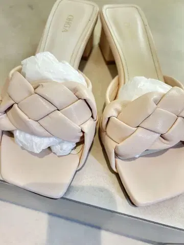 OHGA 베이지 뜨개질 샌들 힐 5cm