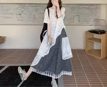 레이스 체크 롱 스커트 프리 사이즈