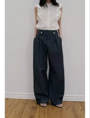 ZARA 와이드 레그 페이퍼 백 팬츠 다크 블루 자라 택 포함 새상품 S