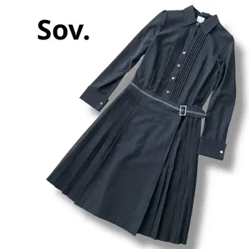 sov. 소브 원피스 긴팔 셔츠 핀턱 벨트 플리츠 그레이