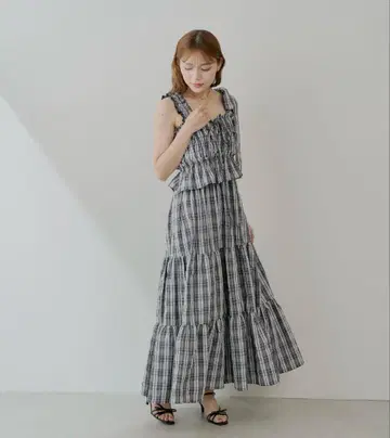 Chico 아지메 끈 디자인 체크 무늬 셔링 롱 원피스