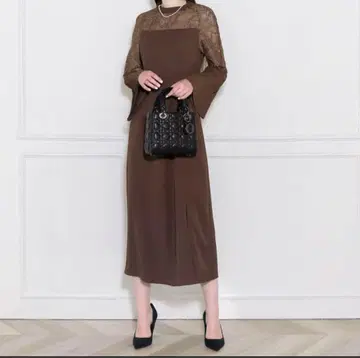 LEJA 레이스 절개 슬릿 A 라인 롱 드레스 원피스 M 브라운