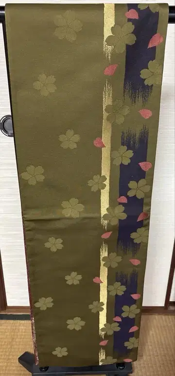 젠쓰 순수 실크 우미마츠 색 벚꽃 패턴 후쿠로 오비