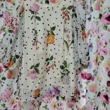 택 포함 새상품 로즈 티아라 꽃무늬 도트 소매 튜닉
