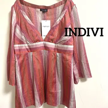 INDIVI 핑크 계열 스트라이프 V넥 블라우스 M 새상품