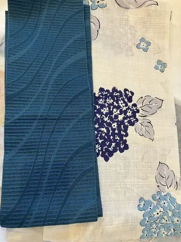 네이비 컬러와 스카이블루의 수국 무늬 유카타, 오비 세트