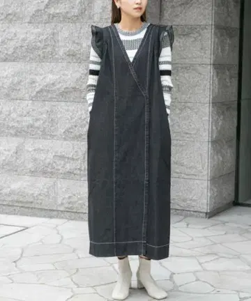 데님 슬리브리스 롱 원피스 2Way 프릴 데님 원피스 인디고