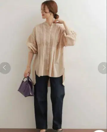 어반 리서치 핀턱 튜닉 블라우스 오버 셔츠 베이지