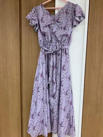 Vaniller 연보라색 꽃무늬 롱 원피스 반팔