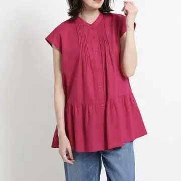 새상품 핑크 슬리브리스 프렌치 슬리브 셔츠 S 티어드 프릴