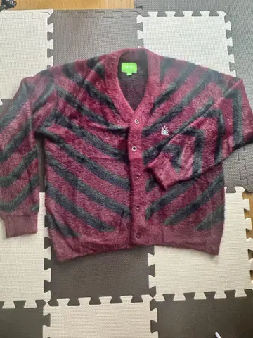 HUF 가디건 S 빨간색 그린 스트라이프