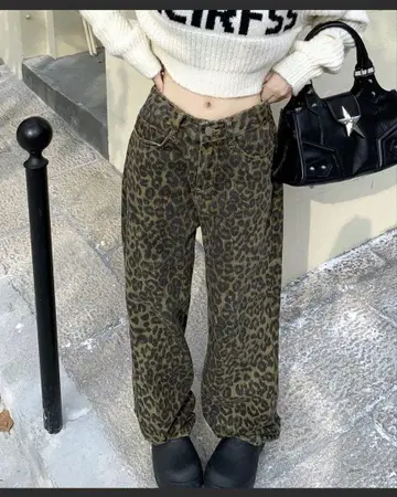 레오파드 무늬 데님 와이드 팬츠