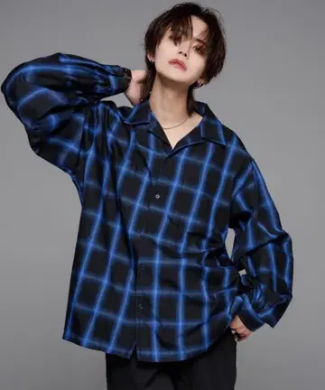 아들러 ADRER 돌먼 슬리브 오픈 카라 셔츠 블루 체크