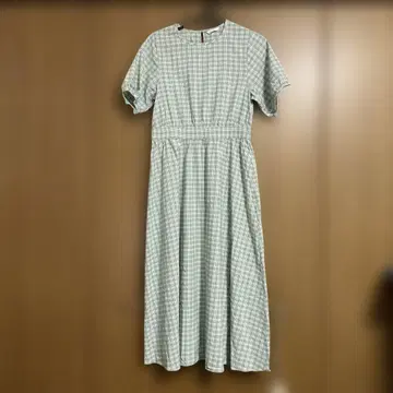 그린 체크 반팔 롱 원피스