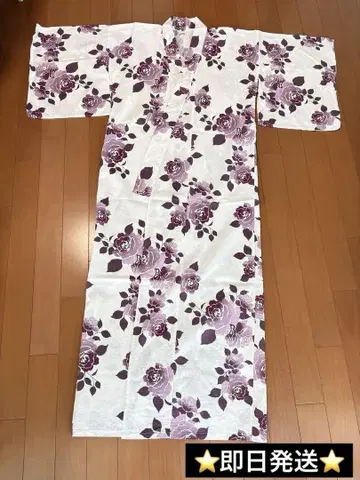 유카타 화이트/퍼플 장미 무늬
