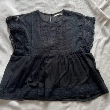 누키테파 자수 코튼 블라우스 블랙 프렌치 슬리브 인도산
