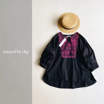 natural by clip 배색 자수 볼륨 슬리브 블라우스 인도산