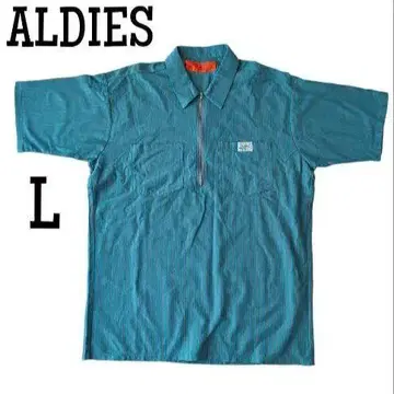 ALDIES 반팔 셔츠 스트라이프 하프 지퍼 블루 L