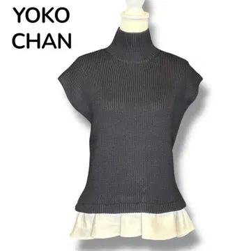 YOKO CHAN 다크 그레이 슬리브리스 니트 프릴 플리츠