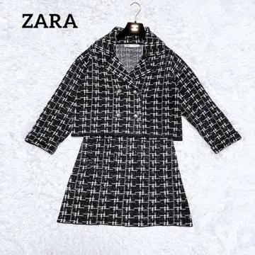 ZARA 니트 트위드 체크 셋업 비쥬 버튼 화이트 블랙 M