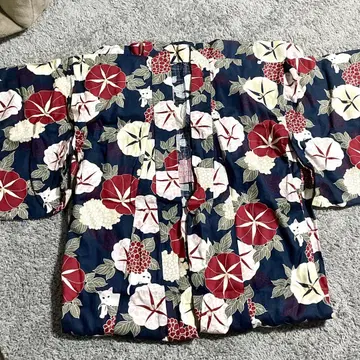 유카타 꽃무늬 고양이 세트 네이비 레드 노랑 오비