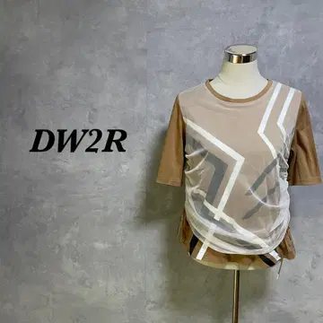 DW2R 티셔츠 반팔 튤 패턴 리본 이소재 브라운 L 4100