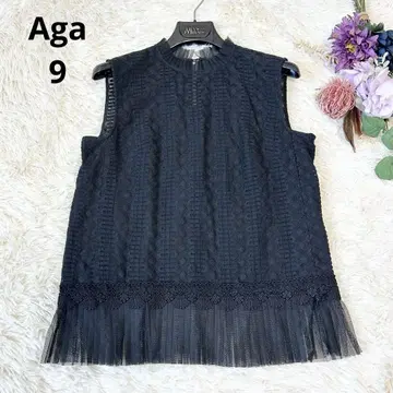 Aga 아가 슬리브리스 플리츠 블라우스 전체 레이스 블랙