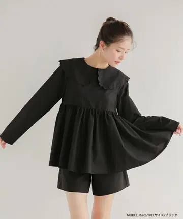 Fit more 스캘럽 칼라 페플럼 롱 슬리브 블라우스