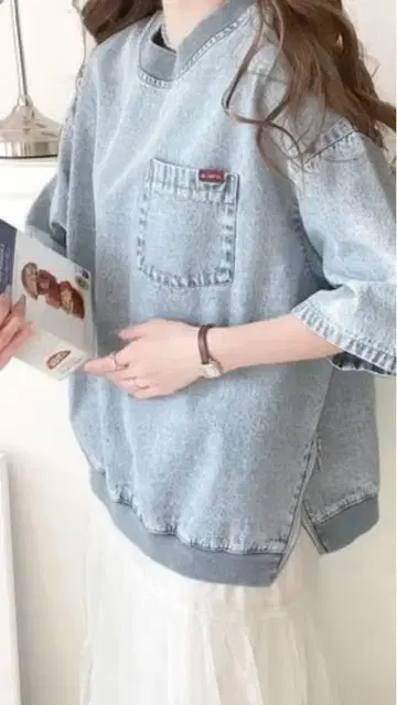 Java 콜라보 코튼 100% 사이드 지퍼 데님 풀오버 X L